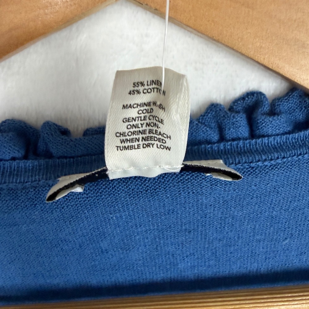 Ann‎ Taylor LOFT Blue Linen Cotton Ruffle Trim 3/4 Sleeve Cardigan Sweater L NEW - Picture 8 of 10